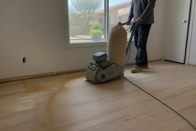 Industrial sander stripping old finish from hardwood flooring during a renovation in Phoenix, AZ.