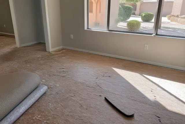 Contractor removing old carpet to reveal and level a wooden subfloor during a home repair in Chandler, AZ.