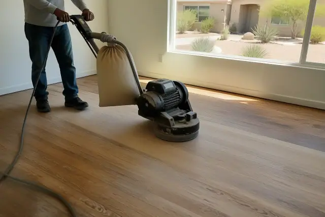 Industrial sander smoothing hardwood floor planks during a bedroom renovation in a home in Surprise, AZ.