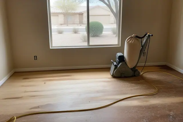 Industrial sander smoothing hardwood floor planks during a home renovation in Goodyear, AZ.