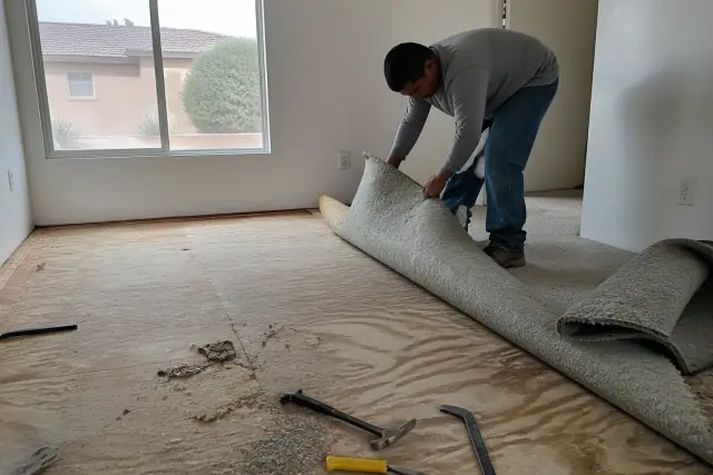 Contractor removing old carpet to repair a wooden subfloor at a jobsite in Avondale, AZ.