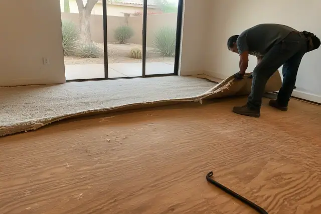Technician removing old carpet to level a wooden subfloor during a home flooring project in Glendale, AZ.