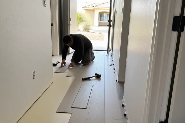 Worker installing luxury vinyl plank flooring in an Avondale, AZ residential hallway.