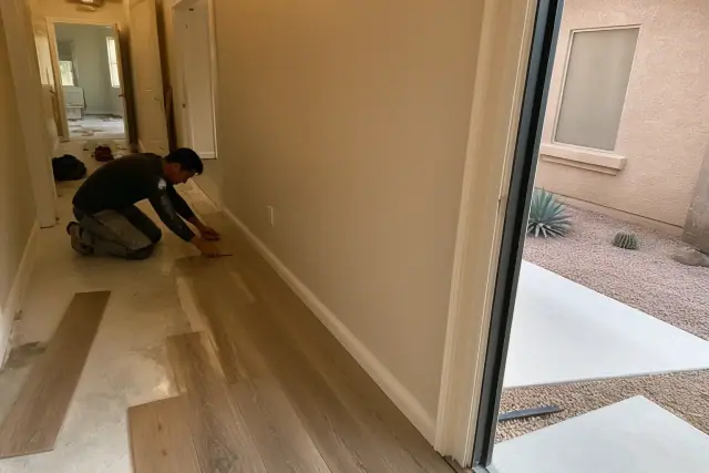 A worker installing luxury vinyl planks in a narrow hallway of a home in Surprise, AZ.