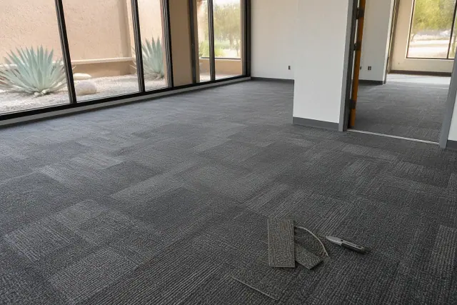 New carpet tiles installed in a commercial office in Tempe, AZ, showing seams and a doorway transition.