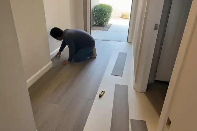 Worker installing luxury vinyl planks in a narrow hallway of a home in Goodyear, AZ.