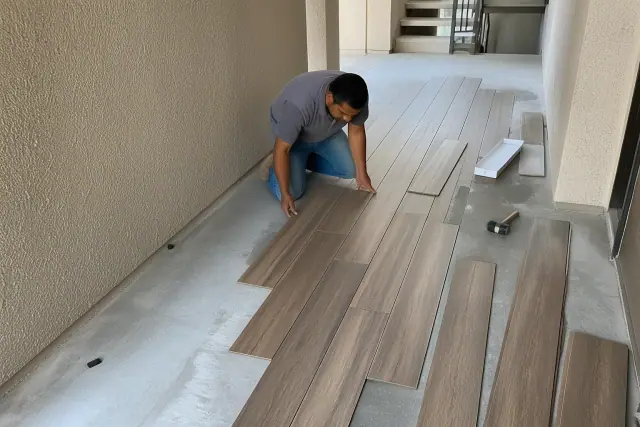 Contractor installing luxury vinyl planks in a staggered pattern in a Glendale, AZ hallway.