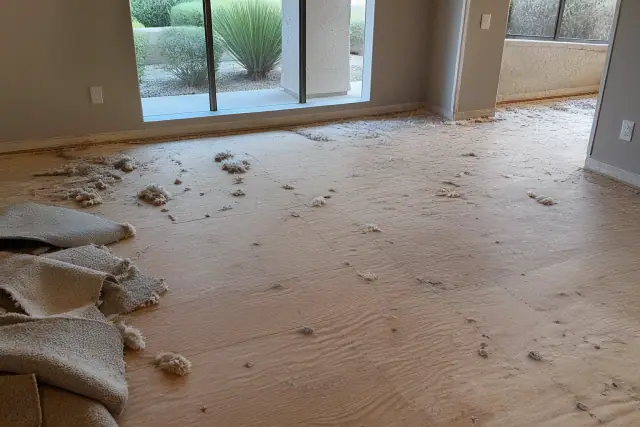 Exposed wooden subfloor with removal debris during a flooring installation project in Gilbert, AZ.