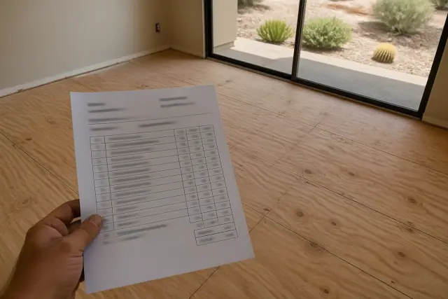 Itemized flooring quote document resting on a plywood subfloor at a jobsite in Phoenix, AZ.