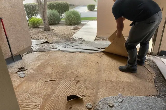 Technician removing old carpet to reveal a wooden subfloor during a flooring project in Phoenix, AZ.