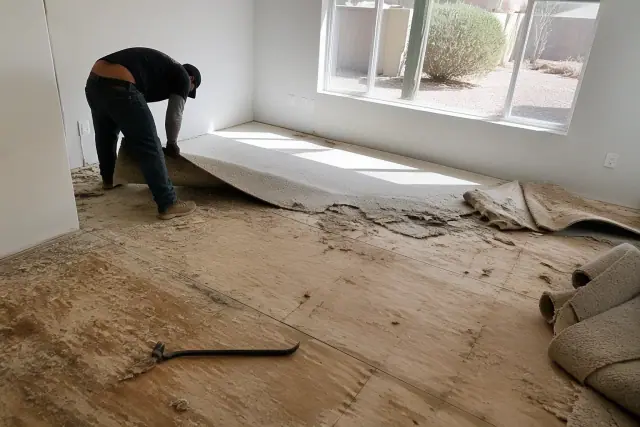 Technician removing carpet to level a wooden subfloor during a home floor replacement in Phoenix, AZ.