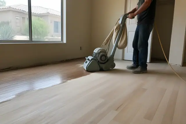 Hardwood floor sanding process with raw wood and old finish visible in a Phoenix, AZ bedroom.
