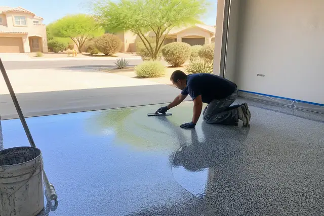 Professional applying high-gloss epoxy resin to a concrete garage floor at a residence in Phoenix, AZ.