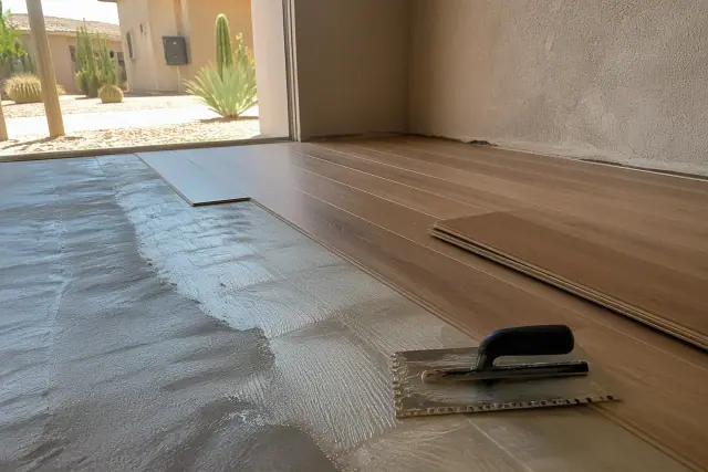 Glue-down laminate flooring installation on a dusty subfloor with adhesive and a notched trowel in Phoenix, AZ.