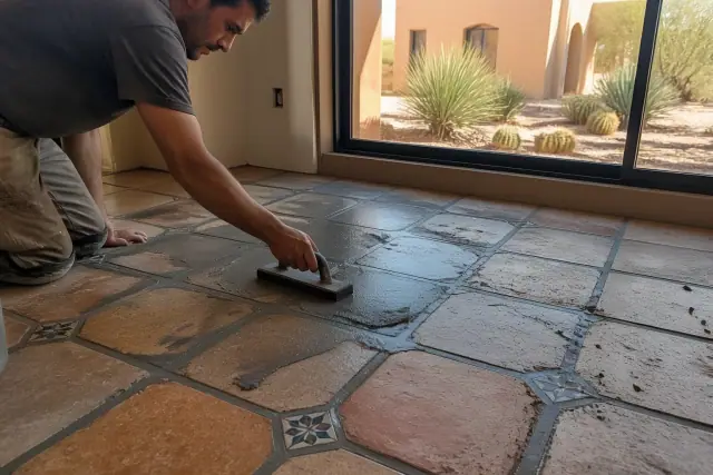 Contractor using a rubber float to apply mortar between handmade tiles on a dining room floor in Phoenix, AZ.