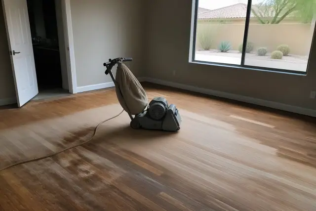 Industrial sander smoothing hardwood floors in a Scottsdale, AZ bedroom during the restoration process.