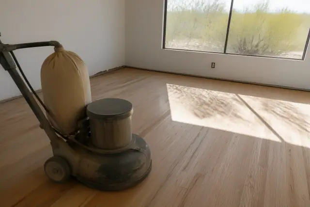 Drum sander on hardwood floor planks during a refinishing project in Tempe, AZ.