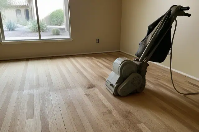 Industrial sander smoothing hardwood floor planks during a home restoration project in Glendale, AZ.