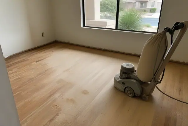 Industrial sander on a hardwood floor during the sanding process in a bedroom in Avondale, AZ.