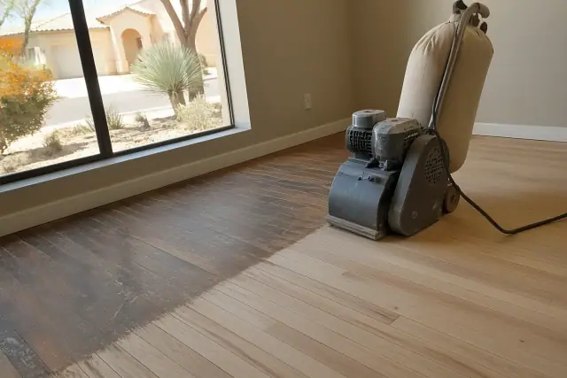 Industrial sander smoothing hardwood floor planks in a room with a view of a desert landscape in Mesa, AZ.