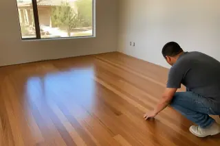 Professional inspecting polished hardwood planks near a window with a desert view in a Phoenix, AZ home.