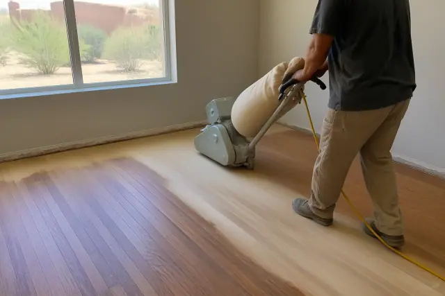 Worker using an industrial sander on hardwood bedroom floors during a restoration project in Phoenix, AZ.