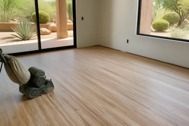 Industrial sander on hardwood flooring during the sanding process in a Scottsdale, AZ bedroom.