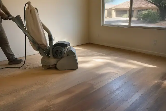 Industrial sander smoothing hardwood bedroom floors during a restoration project in Surprise, AZ.
