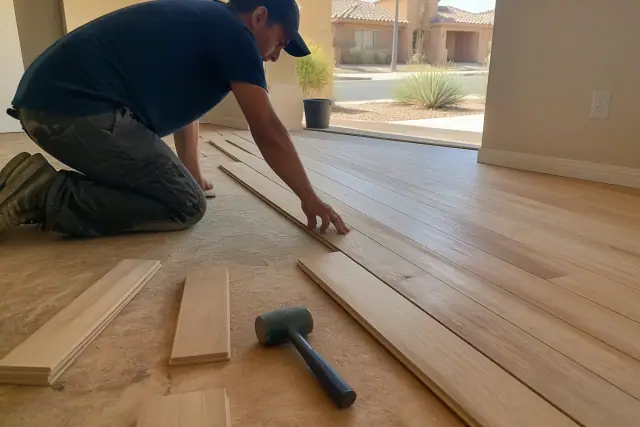 Technician installing raw hardwood flooring planks in a Mesa, AZ home with tools and materials nearby.