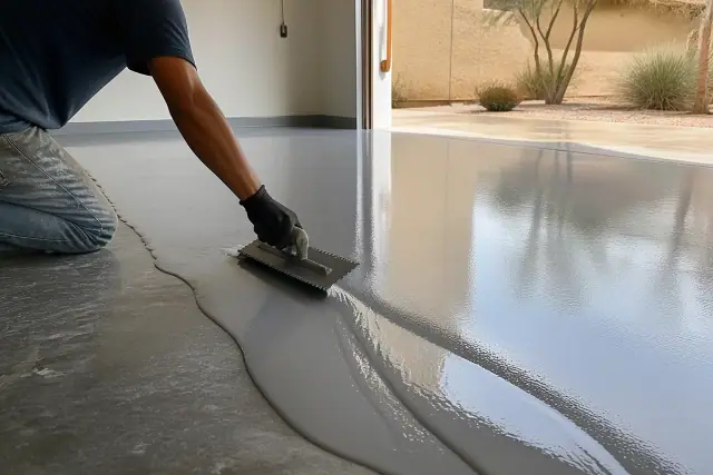 Worker using a squeegee to apply glossy epoxy resin to a concrete garage floor in Phoenix, AZ.