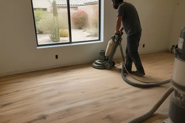 Industrial sander smoothing hardwood floors in a Phoenix, AZ bedroom with desert landscaping visible through the window.
