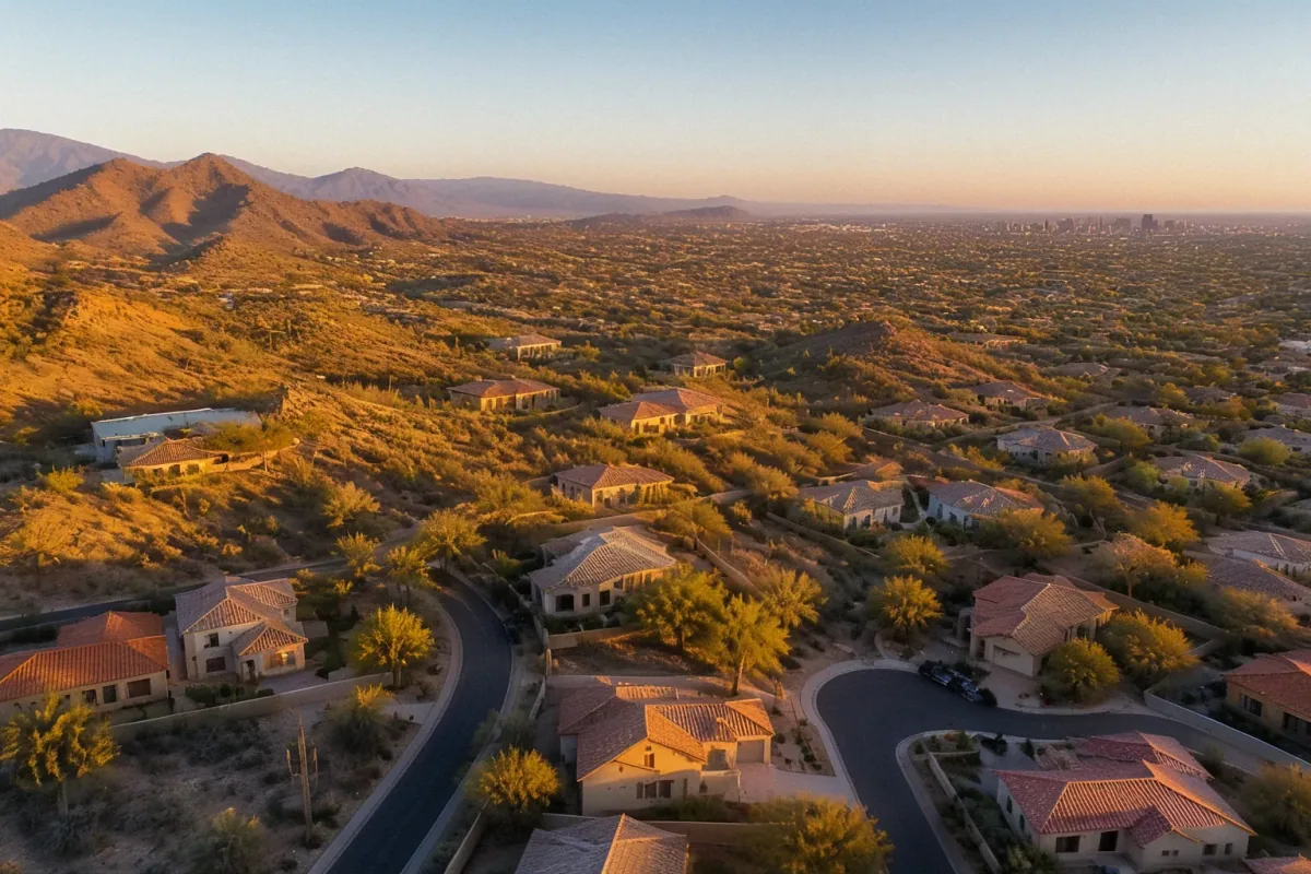 Aerial drone view of a suburban residential neighborhood with desert landscaping and saguaro cacti in Phoenix, AZ.