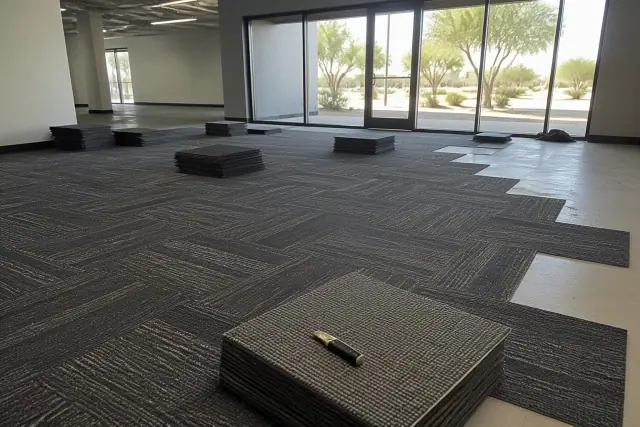 Carpet tile installation in a Phoenix, AZ workspace renovation with xeriscape landscaping visible through glass doors.