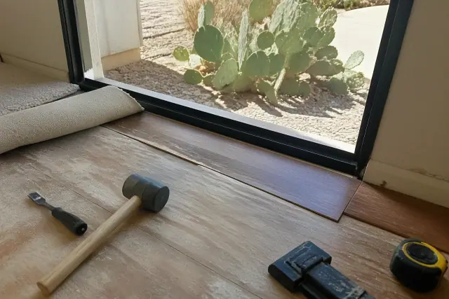 Contractor installing a new hardwood plank on a subfloor during a floor repair project in Phoenix, AZ.