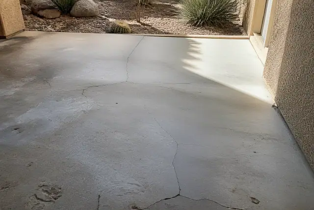 Contractor inspecting a raw concrete slab with cracks and surface pitting at a jobsite in Phoenix, AZ.