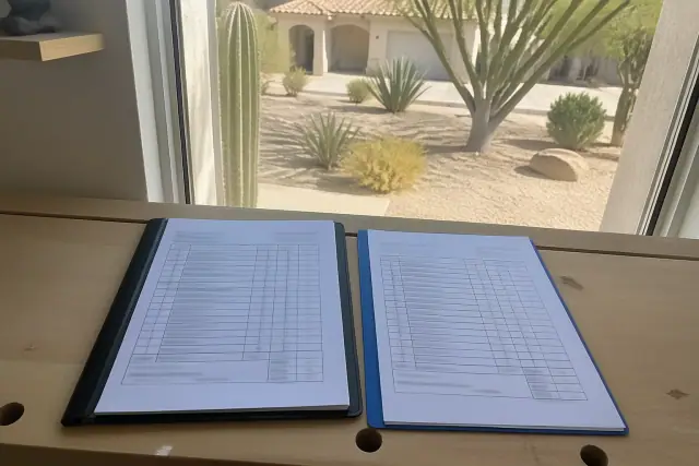 Two itemized flooring estimate folders on a workbench at a residential worksite in Phoenix, AZ.