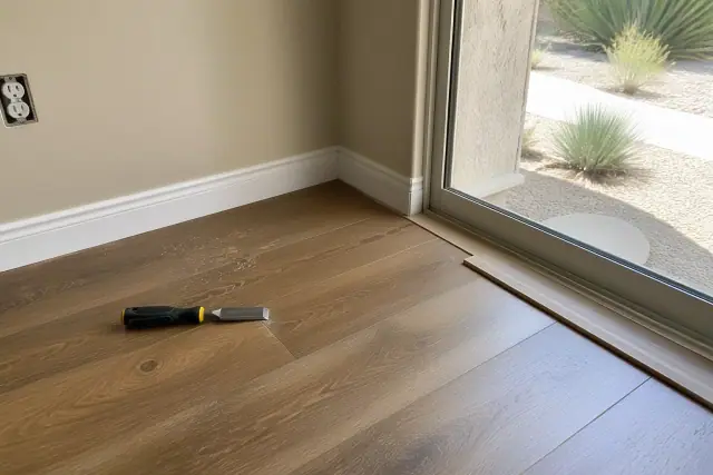 Contractor installing baseboards after laminate floor repair in a Phoenix, AZ home.