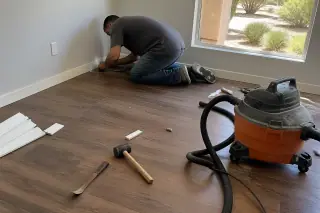 Technician inspecting laminate flooring and baseboards near a sunlit window in a Phoenix, AZ home.