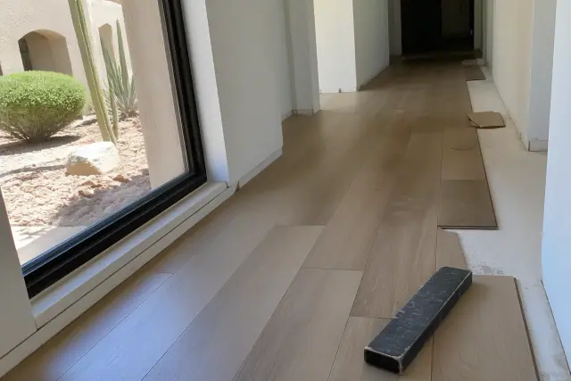 Luxury vinyl plank flooring with a staggered pattern being installed in a Glendale, AZ residential hallway.