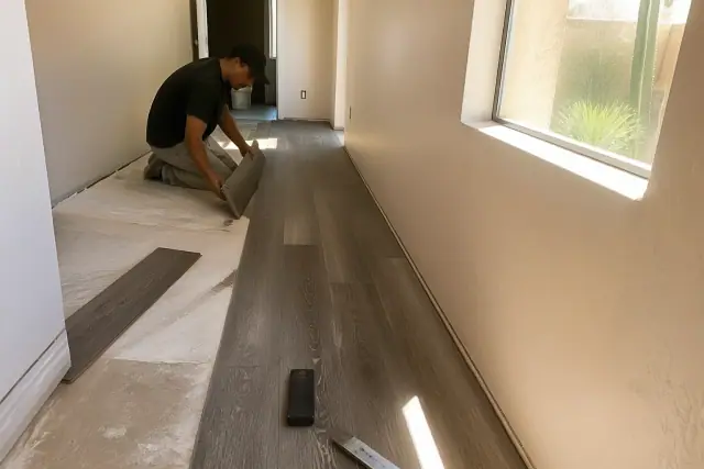 Worker installing luxury vinyl plank flooring in a staggered pattern in a Phoenix, AZ home corridor.