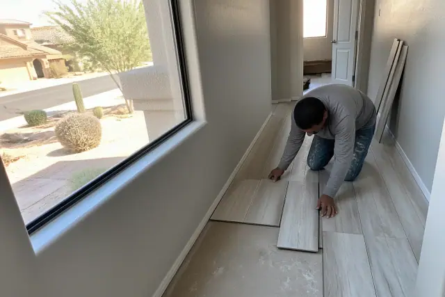 Contractor installing staggered luxury vinyl plank flooring in an Avondale, AZ residential hallway.