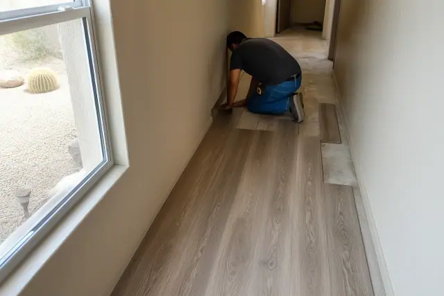 Worker installing luxury vinyl plank flooring in a staggered pattern in a hallway in Mesa, AZ.
