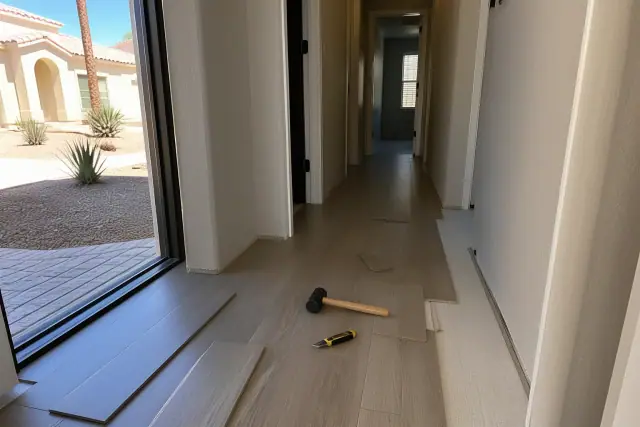 Luxury vinyl plank flooring installation in a hallway in Surprise, AZ, with a view of a stucco home through the doorway.