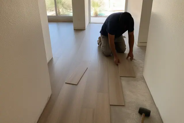 Worker installing luxury vinyl plank flooring in a staggered pattern in a Chandler, AZ home corridor.
