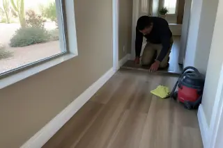 Contractor inspecting luxury vinyl plank flooring in a Phoenix, AZ home hallway with desert views.