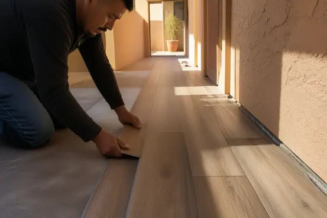 Contractor installing luxury vinyl plank flooring in a narrow corridor in Phoenix, AZ.