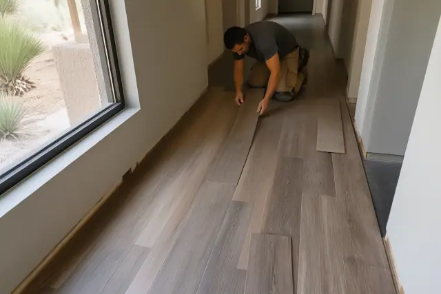 Contractor installing staggered luxury vinyl planks in a Phoenix, AZ commercial hallway with desert views.