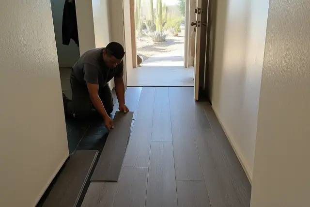 Contractor installing luxury vinyl planks in a staggered pattern in a Phoenix, AZ hallway with a xeriscape view.