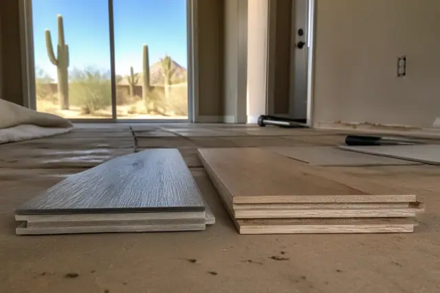 LVP and engineered hardwood cross-sections displayed on a living room subfloor at a Phoenix, AZ jobsite.