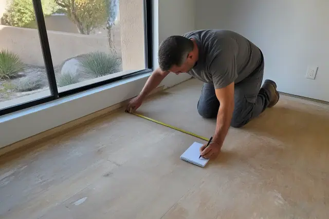 Technician using a tape measure and notepad to measure a room for flooring installation in Phoenix, AZ.